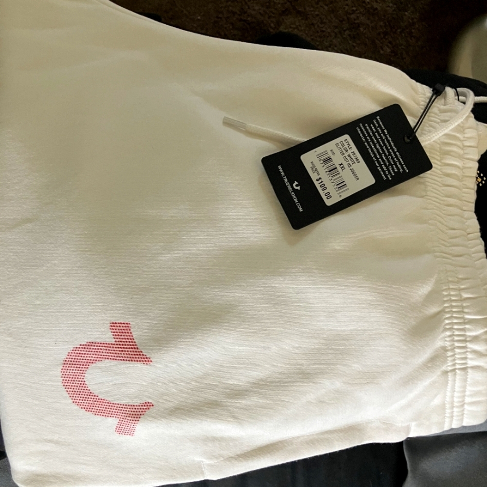 White True Religion Sweatpants with Pink Logo